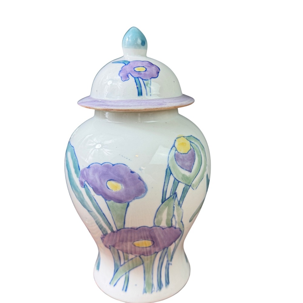 Hand Painted Otagiri Ginger Jar Floral Pattern White Purple 8.5in Vintage Style